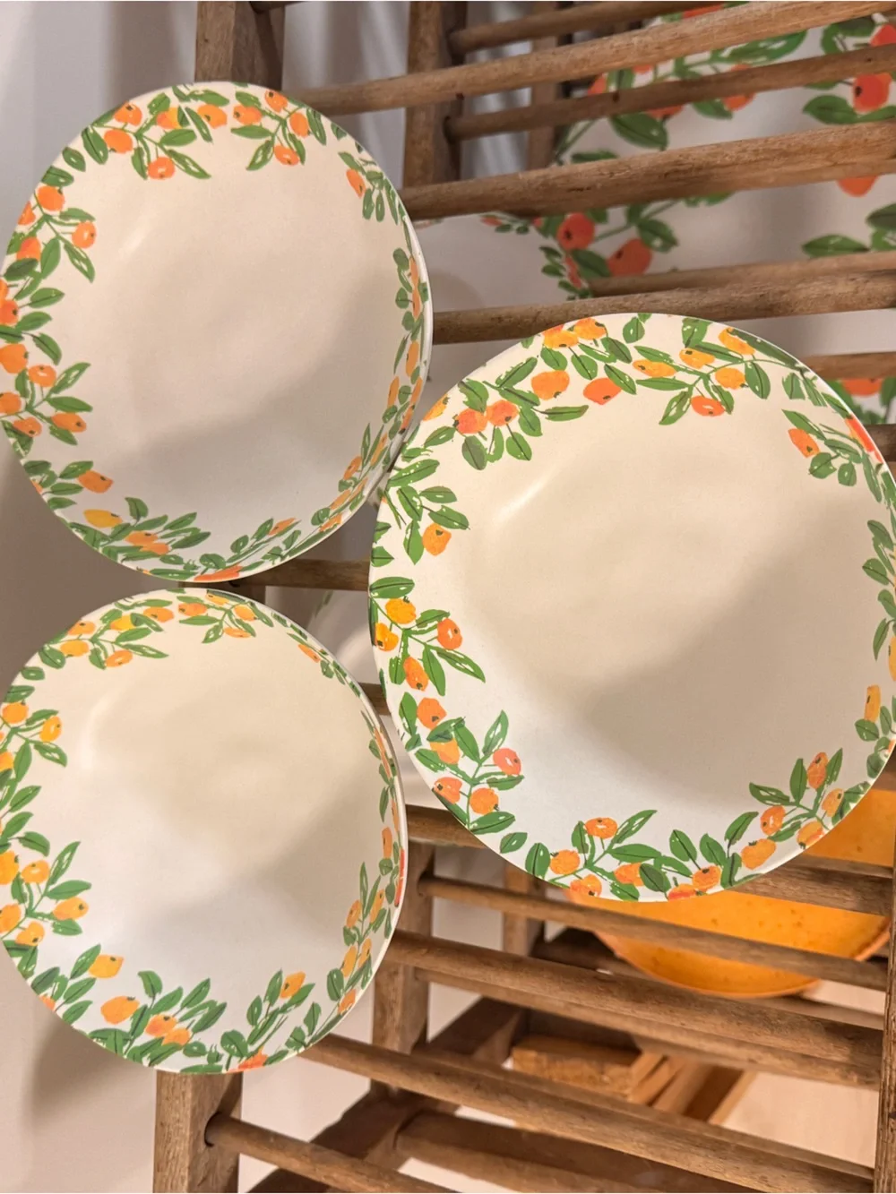 Vera for Anthropologie Cream Bowls Green Leaves & Orange Fruit Border    6 total